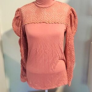 Full Circle Trends Women's Size L Puff-Sleeve Blouse Dusty Rose High Neck